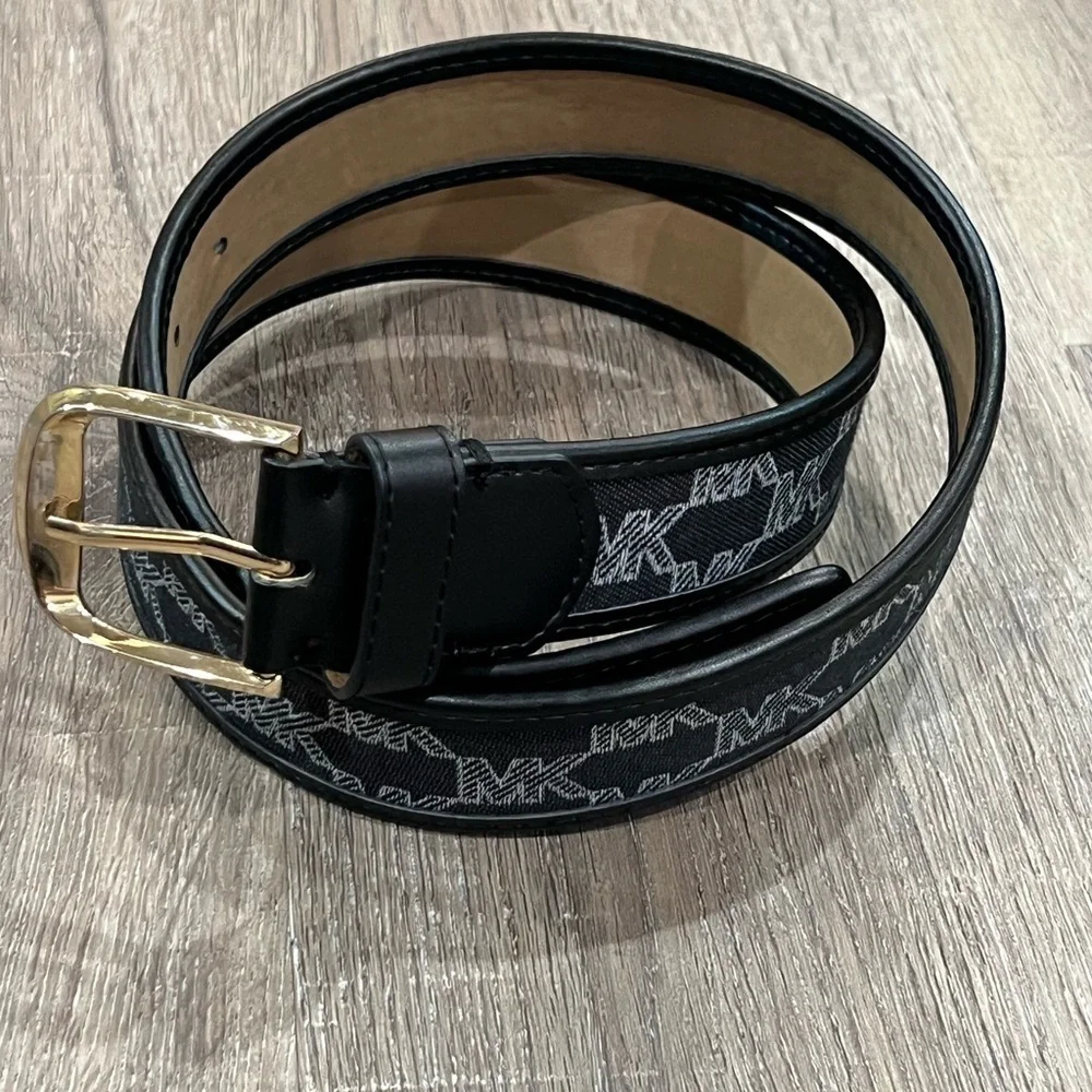 Michael Kors Large (36) Black Canvas Leather MK Brass Logo Buckle Designer Belt
